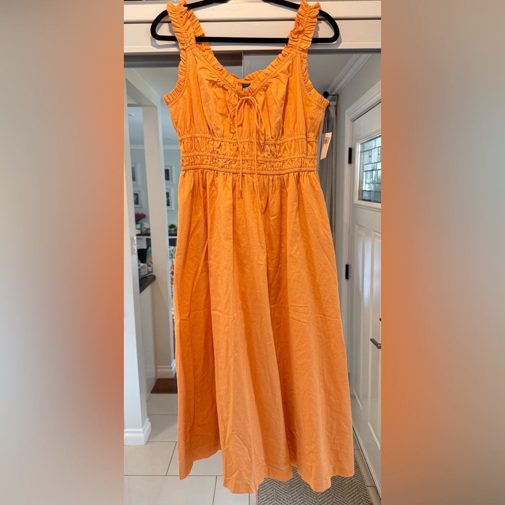 NWT Old Navy Orange Waist-Defined Ruffled Midi Dress - Picture 2 of 4